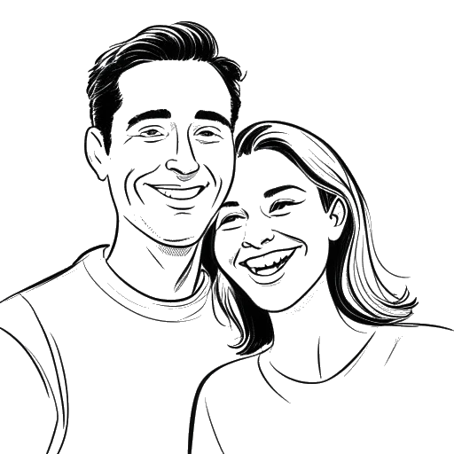 Line art drawing of a woman, representing Sofia Franklyn, with her arm around a man, representing Peter Nelson, both smiling.