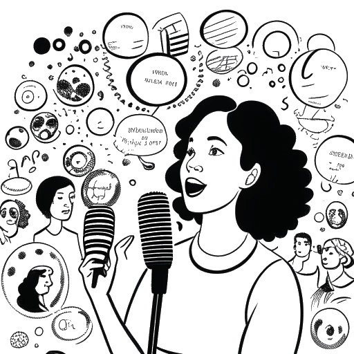 Dessin en ligne d'une femme, représentant Sofia Franklyn, parlant dans un microphone avec des bulles de discours divers affichant différents sujets en arrière-plan.