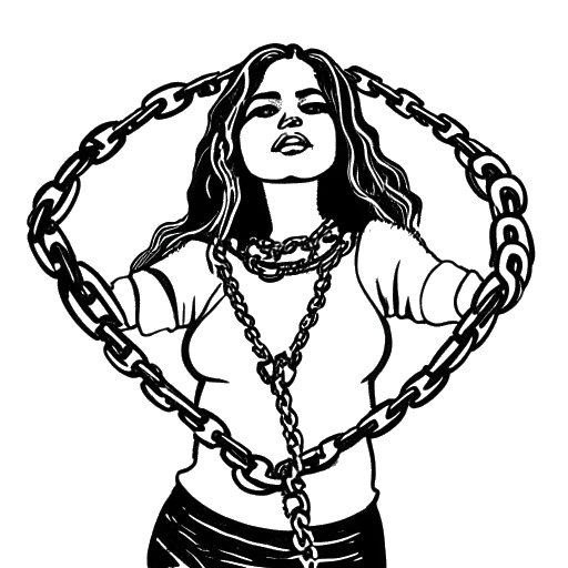 Dibujo de arte lineal de una mujer, representando a Sofia Franklyn, rompiendo dos cadenas etiquetadas como 'CANCELADA' con una expresión determinada en su rostro.