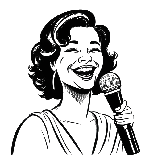 Strichzeichnung einer Frau, die Sofia Franklyn darstellt, lächelt und hält ein Mikrofon mit dem Logo des Podcasts 'Sofia mit einem F'.