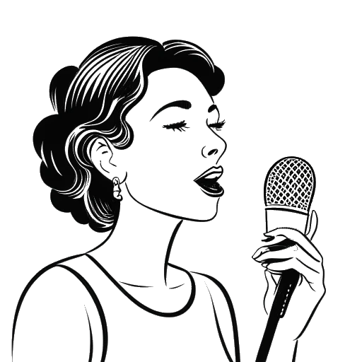 Line art drawing of a woman, representing Sofia Franklyn, speaking into a microphone with a thought bubble displaying various controversial topics.