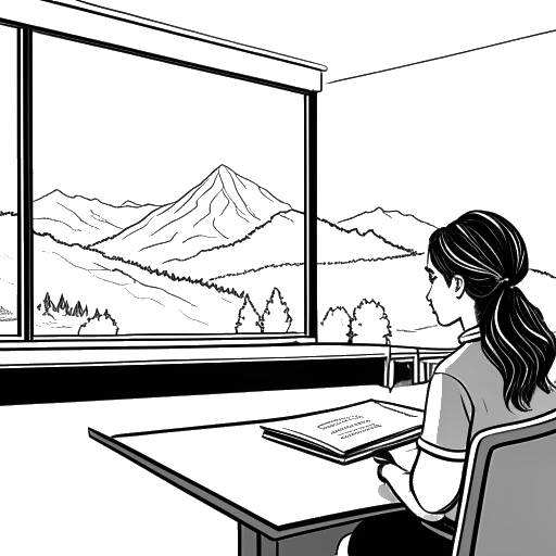 Dibujo de arte lineal de una mujer, representando a Sofia Franklyn, con un uniforme escolar católico y un libro en su regazo. El fondo muestra el paisaje montañoso de Utah.
