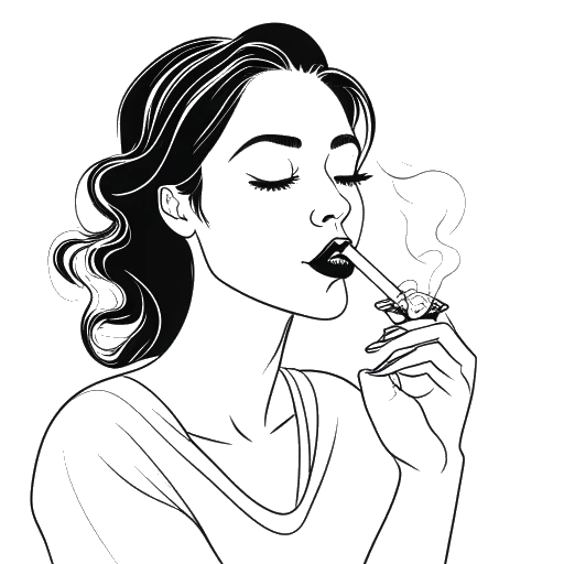 Line art drawing of a woman, representing Sofia Franklyn, smoking a joint with an upside-down glass of alcohol displayed in the background.