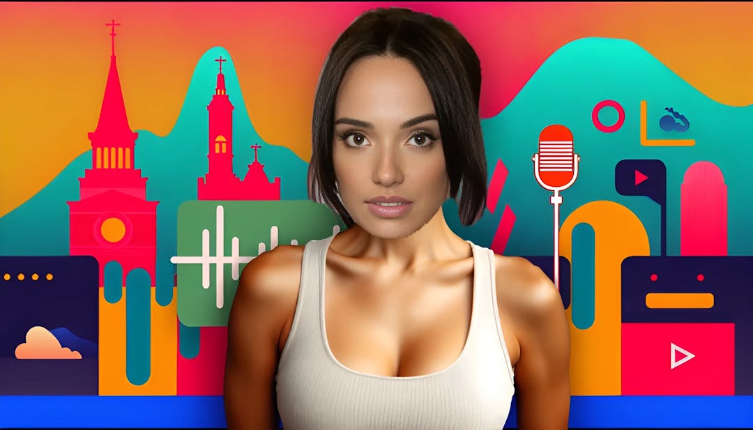 Sofia Franklyn, an influential internet personality, posing confidently in front of a vibrant, colorful background. She is a slim, clear-skinned woman with a non-muscular body, looking straight into the camera with a neutral expression. The background features subtle hints of Utah landmarks, reflecting her upbringing in Salt Lake City. A microphone and sound waves symbolize her successful podcasting career. The image is high-resolution with a 7:4 aspect ratio.