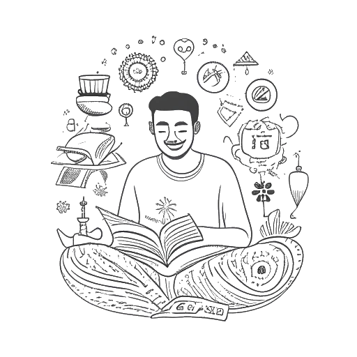 Line art of a man, representing Slavik Junge (Mark Filatov), engrossed in a book, with a background representing an array of cultural and community symbols.