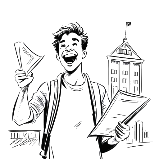 Line art of a young man, representing Mark Filatov (Slavik Junge), holding a script and standing before a university building and acting props, showing an expectant countenance.