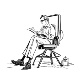 Line art of a man, symbolizing Slavik Junge (Mark Filatov), in a director's chair, focusing on a assortment of scripts that indicate his role as a producer.