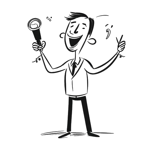 Line art of a man, representing Slavik Junge (Mark Filatov), smiling as he receives a comedy award, microphone in hand, surrounded by musical symbols.