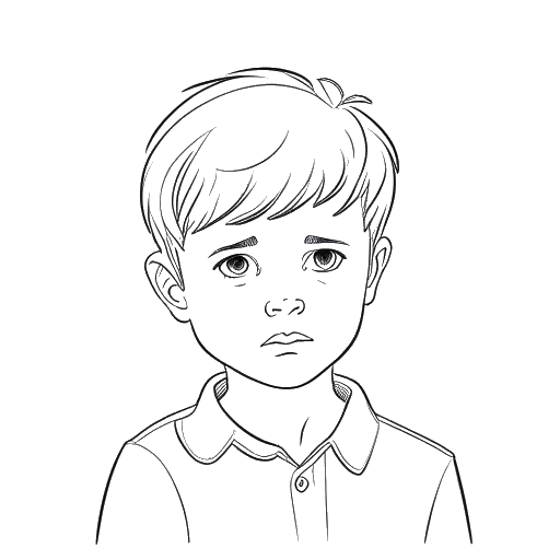 Strichzeichnung eines Jungen, der einen jungen Mark Filatov (Slavik Junge) darstellt, der eine Spielzeugsoldaten hält und einen ängstlichen, aber widerstandsfähigen Ausdruck zeigt.