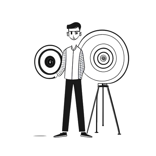 Linienkunst-Illustration eines Mannes als Verkörperung von Slavik Junge, der neben Symbolen seines Berufs - einer Filmkamera, einem YouTube-Button und einer Musik-Schallplatte - auf einem weißen Hintergrund steht.