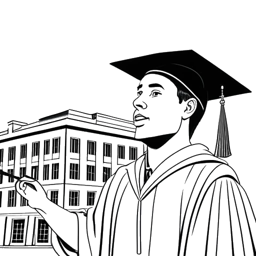 Line art drawing of a man, representing Slavik Junge (Mark Filatov), wearing a graduation cap and gown, holding a drama mask, with a university building in the background on a white background.
