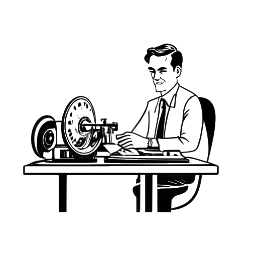Line art drawing of a man, representing Slavik Junge (Mark Filatov), sitting at a desk with a film reel and a production company logo on a white background.
