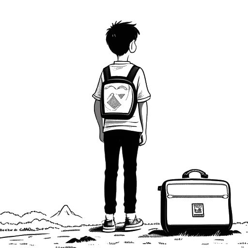 Line art drawing of a boy, representing Slavik Junge (Mark Filatov), with a suitcase, standing between a mountainous Central Asian landscape and a German flag on a white background.