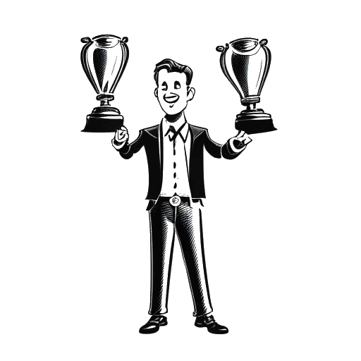 Line art drawing of a man, representing Slavik Junge (Mark Filatov), holding two comedy award trophies, with a spotlight shining on him on a white background.
