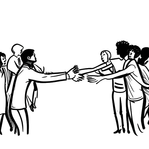 Line art drawing of a man, representing Slavik Junge (Mark Filatov), extending a helping hand to another person, with a diverse group of people in the background on a white background.