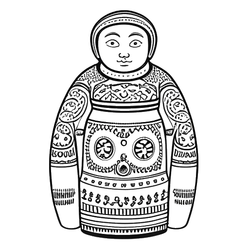 Line art drawing of a man, representing Slavik Junge (Mark Filatov), standing between a Russian matryoshka doll and a German beer stein, with both hands on his heart on a white background.