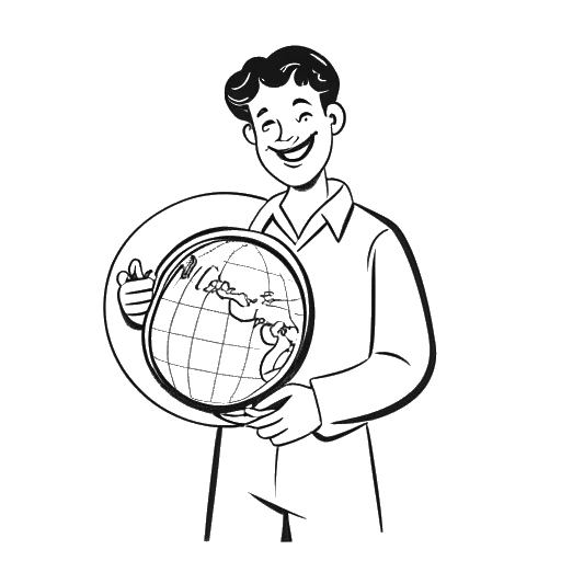 Strichzeichnung eines Mannes, der Slavik Junge (Mark Filatov) repräsentiert, der einen Globus, ein Buch und ein Musikinstrument hält, mit einem Lächeln im Gesicht, auf einem weißen Hintergrund.