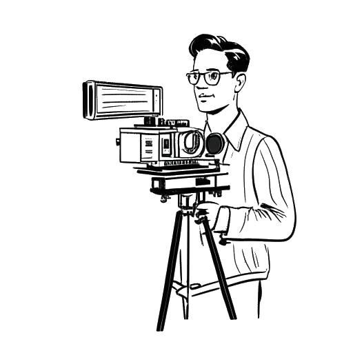 Strichzeichnung eines Mannes, der Slavik Junge (Mark Filatov) repräsentiert, der ein Skript hält, mit einer Fernsehkamera im Hintergrund, auf einem weißen Hintergrund.