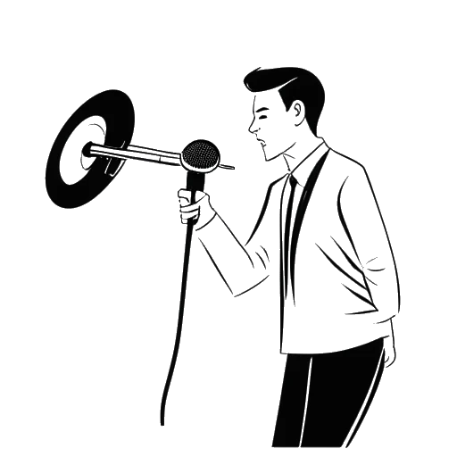 Line art drawing of a man, representing Slavik Junge (Mark Filatov), holding a microphone, with a record spinning in the background on a white background.