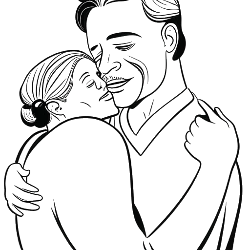 Line art drawing of a man, representing Slavik Junge (Mark Filatov), hugging his mother, with a drama mask in the background on a white background.