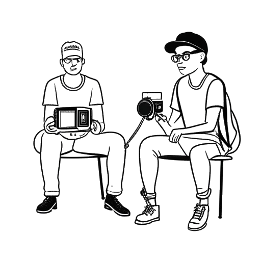 Line art drawing of two men, representing Slavik Junge (Mark Filatov) and Dimitri Tsvetkov (Wadik), sitting in front of a camera with a YouTube logo in the background on a white background.