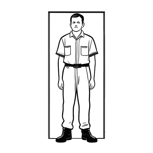 Line art drawing of a man, representing Slavik Junge (Mark Filatov), wearing a prison uniform, standing in a cell on a white background.