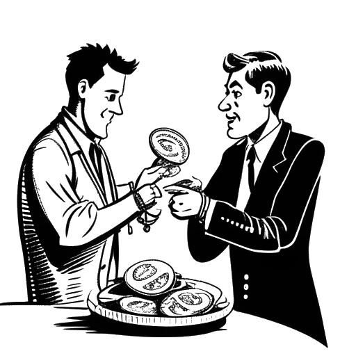 Line art drawing of a man, representing Slavik Junge (Mark Filatov), handing a watch to his friend, with a pile of money in the background on a white background.