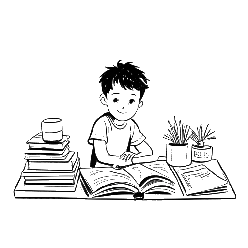 Line art drawing of a boy, representing Slavik Junge (Mark Filatov), sitting at a desk with scattered books, showing determination in his eyes on a white background.