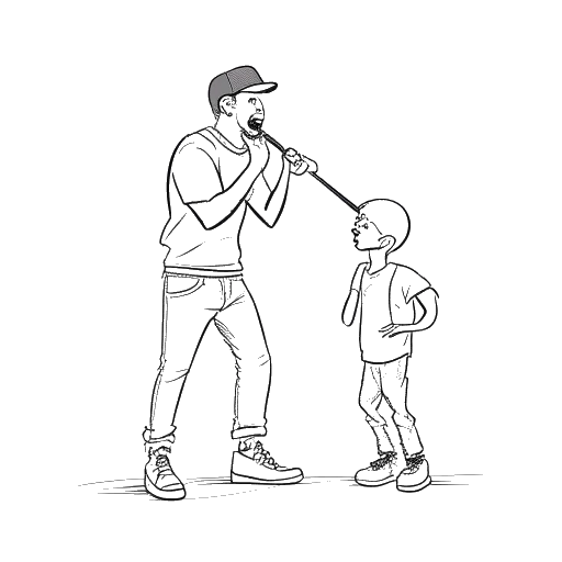 Strichzeichnung eines Mannes, der KuchenTV symbolisiert, leidenschaftlich auf der Bühne rappt und seine Zeit zwischen beruflichen Verpflichtungen und dem Spielen mit einem Kleinkind aufteilt, vor einem weißen Hintergrund.
