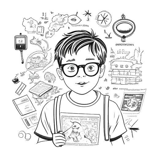 Strichzeichnung eines jungen Jungen, der KuchenTV darstellt, mit Brille, der eine Karte von Deutschland hält. Im Hintergrund befinden sich Symbole, die mit ADHS und Intelligenz zusammenhängen.