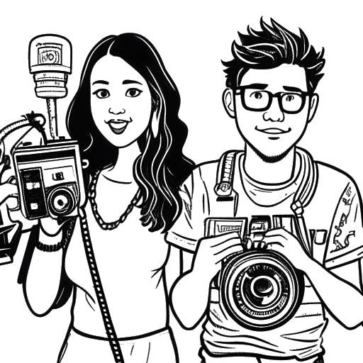 Strichzeichnung eines jungen Mannes und einer Frau, die KuchenTV und seine Freundin darstellen und eine YouTube-Kamera halten, umgeben von verschiedenen Symbolen, die mit Drachenlord und Kritik zusammenhängen.