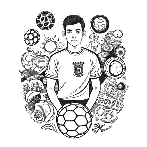 Strichzeichnung eines jungen Mannes, der KuchenTV darstellt, der einen Fußball hält, umgeben von verschiedenen Symbolen, die mit Fußball und Fußballvereinen zusammenhängen.