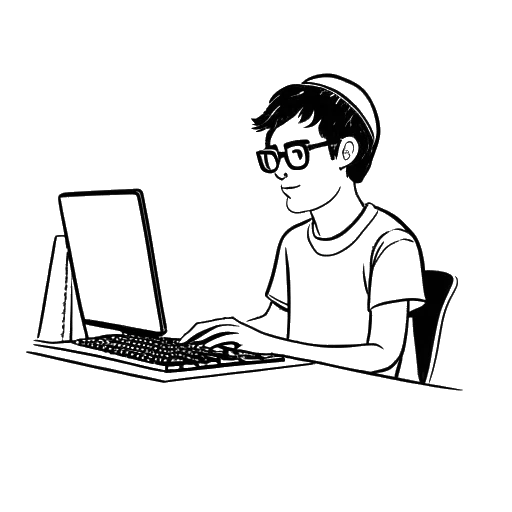 Strichzeichnung eines jugendlichen Jungen, der KuchenTV darstellt, der eine Verkleidung trägt und an einem Computer mit geöffnetem Chatfenster sitzt.