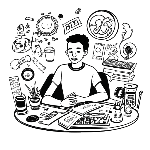 Strichzeichnung eines jungen Mannes, der KuchenTV darstellt, der an einem Tisch mit einem Mikrofon sitzt, umgeben von verschiedenen Symbolen, die sich auf verschiedene Themen beziehen.