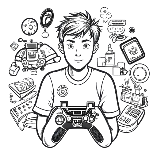 Strichzeichnung eines jungen Mannes, der KuchenTV darstellt, der einen Videospielcontroller hält, umgeben von verschiedenen Videospiel-Symbolen.