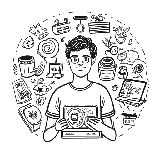 Strichzeichnung eines jungen Mannes, der KuchenTV darstellt, der mehrere YouTube-Kanallogos hält, umgeben von verschiedenen Symbolen, die mit Kuchen Talks und Cake News zusammenhängen.