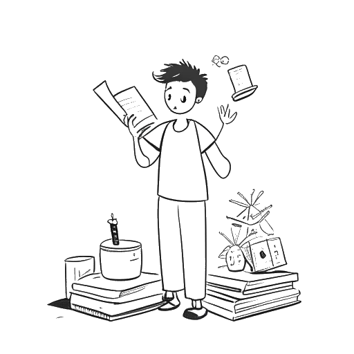 Strichzeichnung eines jungen Mannes, der KuchenTV darstellt, der Bücher, einen Teddybär und Werkzeuge eines Elektrikers jongliert.