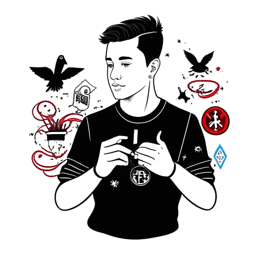Strichzeichnung eines jungen Mannes, der KuchenTV darstellt, der ein Twitter-Logo mit einem roten Strich durch es hält, umgeben von verschiedenen Symbolen, die mit Chester Benningtons Tod und Twitter-Sperrung zusammenhängen.
