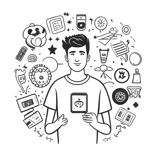 Strichzeichnung eines jungen Mannes, der KuchenTV darstellt, der einen YouTube-Play-Button hält, umgeben von verschiedenen Symbolen für psychische Gesundheit.