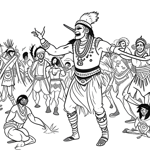 Ilustração de um homem, representando Jey Uso, executando uma dança de guerra tradicional com tinta no rosto, com uma representação de uma cena de família feliz ao fundo e motivos de jogos ao redor da imagem.