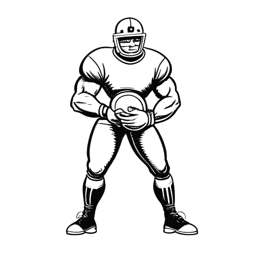 Desenho de um homem representando Jey Uso em uma pose de linebacker com uma bola de futebol americano e um cinturão de campeão de luta livre, simbolizando sua destreza atlética tanto no futebol americano quanto na luta livre.