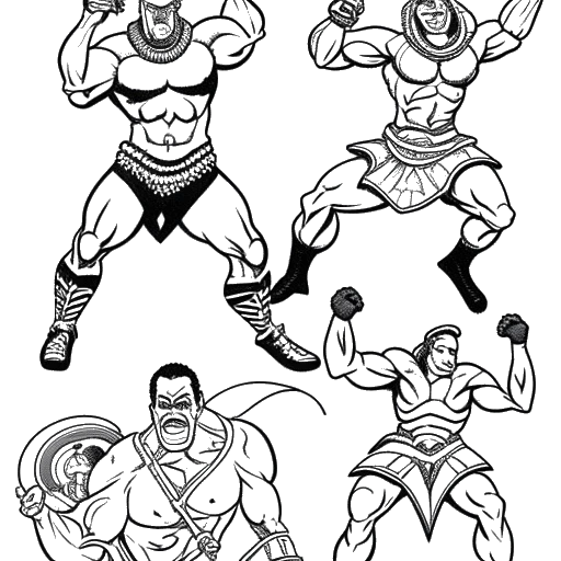 Desenho de arte linear de um homem, representando Jey Uso, realizando uma dança de guerra samoana e lutando, com imagens adicionais de sua mercadoria, indicando suas diversas fontes de renda.
