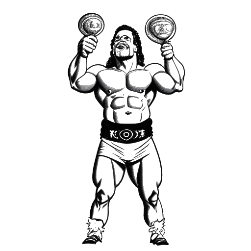 Line art drawing of a man representing Jey Uso standing victorious in the ring, holding up the André the Giant Memorial Trophy against a white backdrop