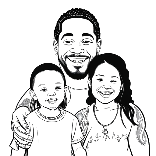 Lijntekening van een man die Jey Uso vertegenwoordigt met zijn vrouw en twee zoons die lachend tegen een witte achtergrond staan