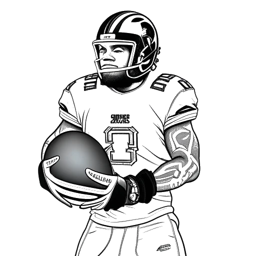 Desenho em arte linear de um homem representando Jey Uso em uniforme de futebol americano, segurando um capacete em um fundo branco