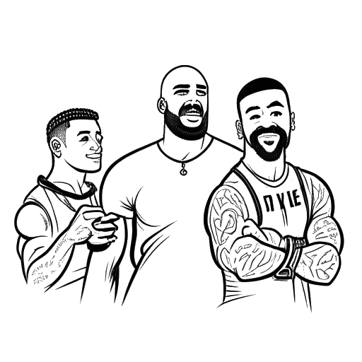 Desenho em arte linear de três homens representando Jey Uso, Sami Zayn e The Rock, com uma nuvem de pensamento contendo as palavras 'colaboração futura' e 'história familiar' em um fundo branco