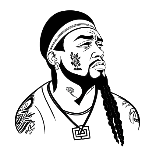 Disegno in stile line art di un uomo che rappresenta Jey Uso scuotendo la testa, con il logo della fazione sullo sfondo su sfondo bianco