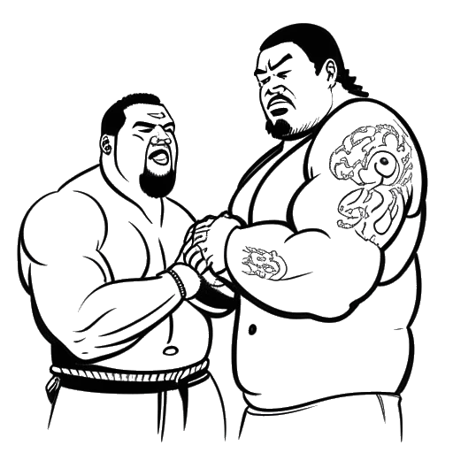 Desenho em arte linear de um homem representando Rikishi treinando um homem representando Jey Uso em um fundo branco