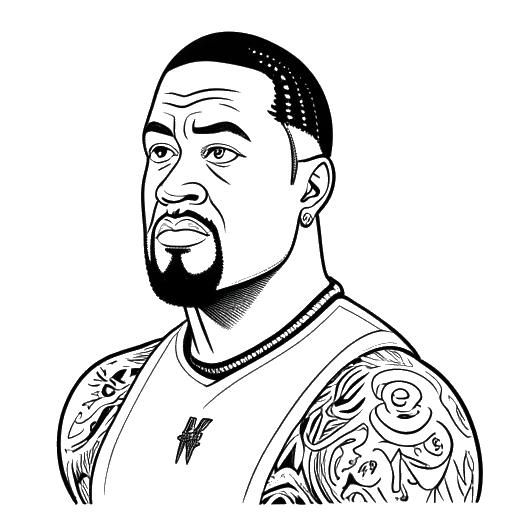 Line art drawing of a man representing Jey Uso in a wrestling singlet, with a determined look on his face against a white backdrop