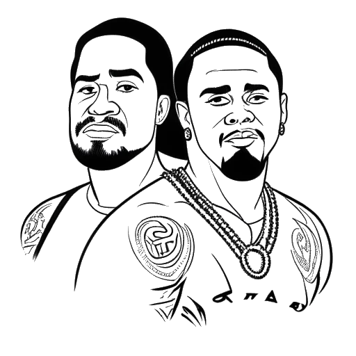 Desenho em arte linear de dois homens representando Jey e Jimmy Uso com a palavra 'irmão' escrita em samoano em um fundo branco
